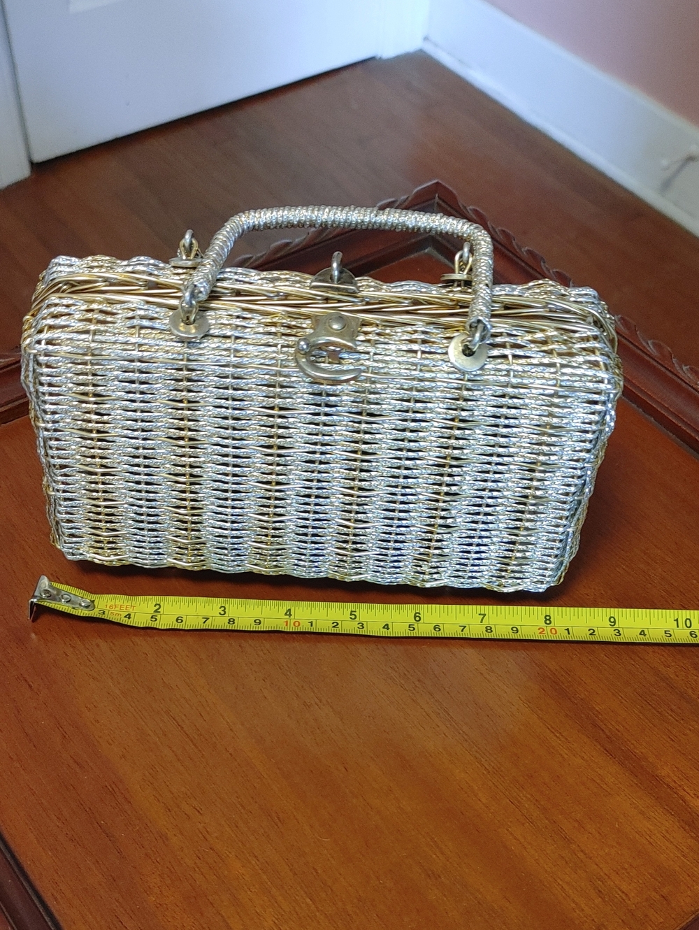 Vintage 1960 Box Purse Metallic Silver Woven Top-Handle Bag